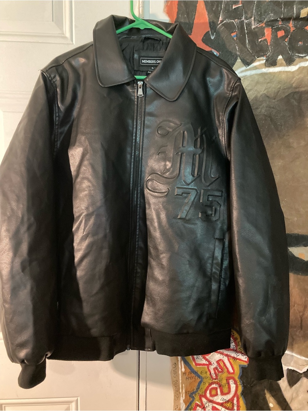 Members Only Black Leather Varsity Jacket with Embossed '75' Detail